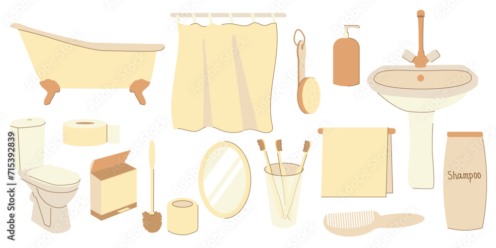 Obraz premium Modern bathroom interior. Vector flat illustration.sink, mirror, towel holder, toilet bowl, bathroom shelf with bottles, bath with screen