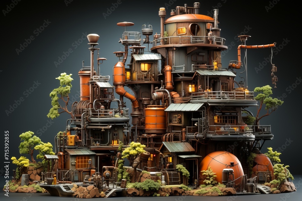 Rustic Industrial Facility, on an isolated Terra Cotta background, Generative AI