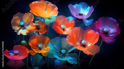  a bunch of colorful flowers that are on a black background with a blue light in the middle of the picture. © Nadia