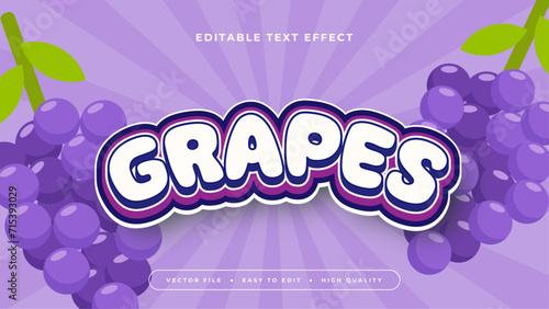 Purple violet white and green grapes 3d editable text effect - font style. Fresh fruit juice text style effect