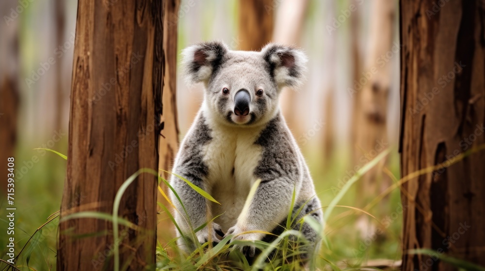  a close up of a koala sitting on a tree in a forest with tall grass and trees in the background.