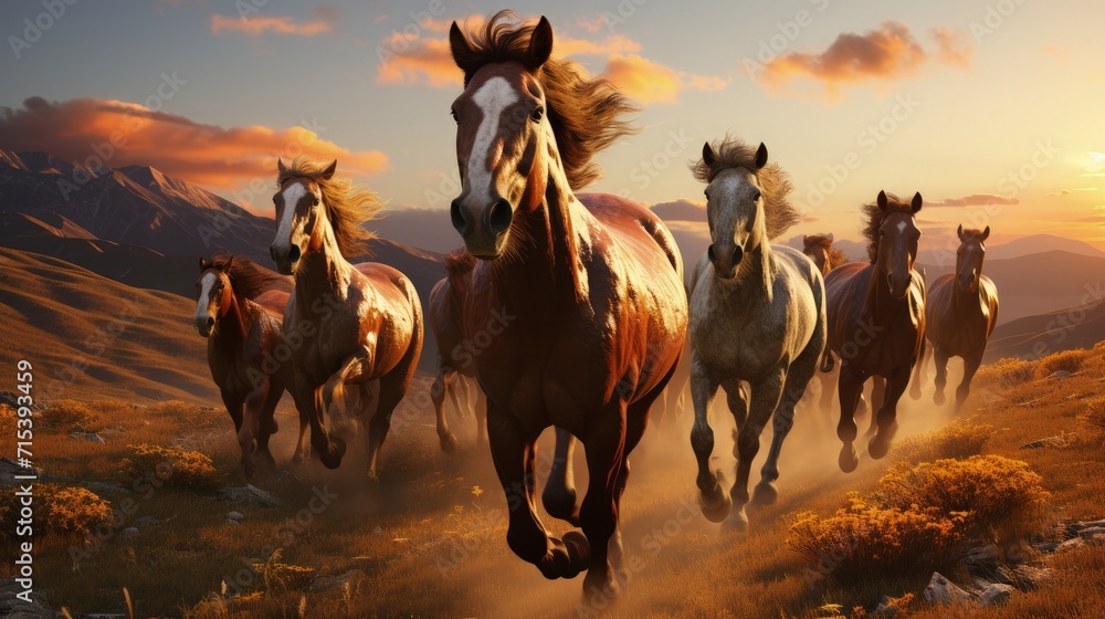 Wild mustangs galloping across a prairie - obrazy, fototapety, plakaty 