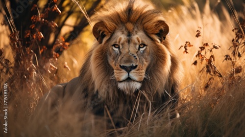  a close up of a lion laying in a field of tall grass with a tree in the background and bushes in the foreground.