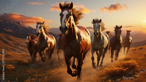 Wild mustangs galloping across a prairie photo