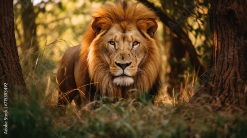  a close up of a lion in a field of grass and trees with a blurry background of trees and grass.