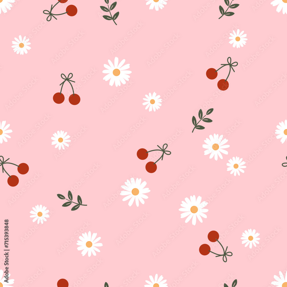 Seamless pattern with cherry fruit and cute flower on pink background vector illustration.