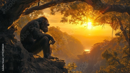 Australopithecus Investigates Its Ancient Environment. Generative Ai. photo