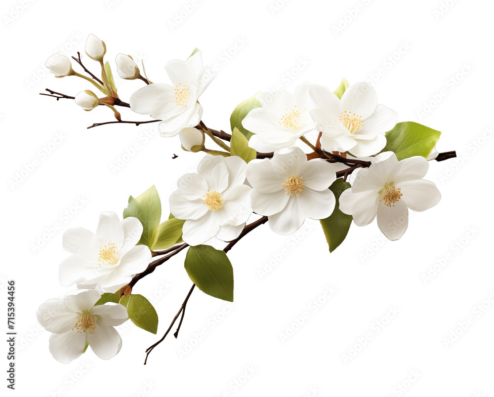 Fototapeta premium White flowers tree branch isolated on transparent background. PNG file, cut out 