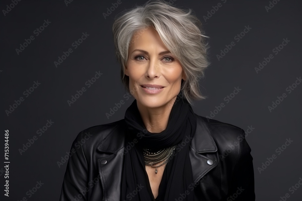 Portrait of a beautiful senior woman in black leather jacket and scarf