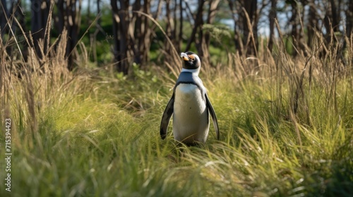  a penguin standing in the middle of a field of tall grass with trees in the background and a blue sky in the background.