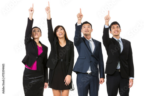 Group of Chinese business people pointing at something.