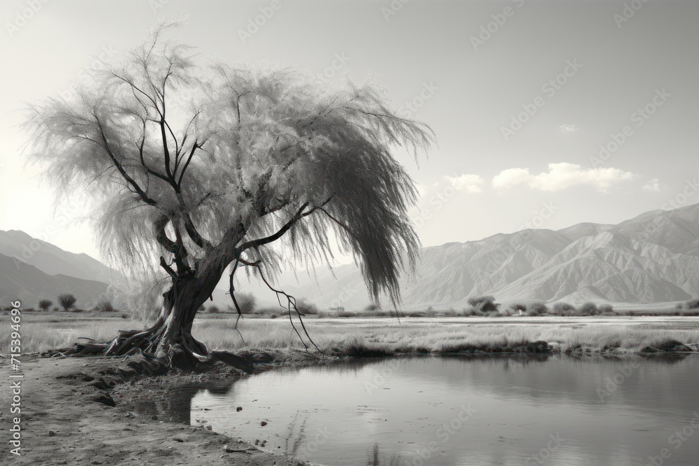  a black and white photo of a tree next to a body of water with mountains in the backgroud.