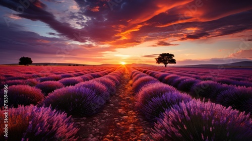  a sunset over a lavender field with a lone tree in the foreground and a lone tree in the distance.