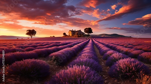  a beautiful sunset over a lavender field with a house in the distance and trees on the other side of the field.