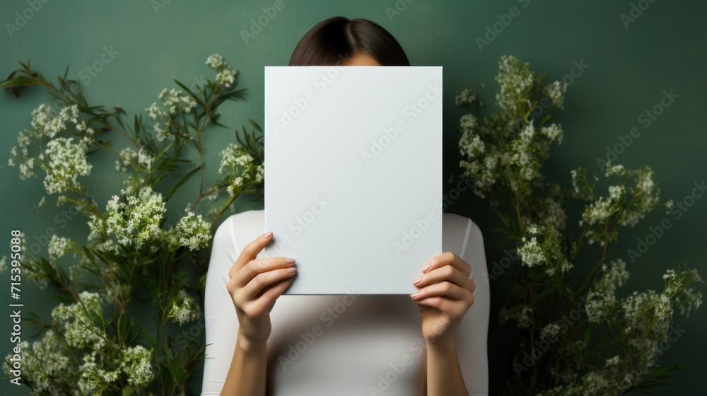 a woman covering her face with a sheet of paper in front of her face, with flowers in the background. a woman covering her face with a sheet of paper in front of her face, with flowers in the background.