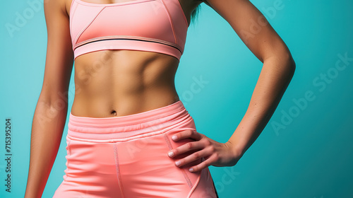 close up of female's athlete muscle waist in sportswear, isolated on blue background, sport advertising, with empty copy space