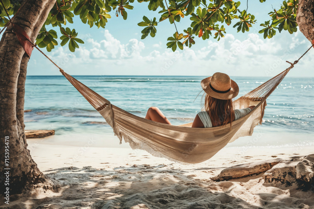A woman in a sun hat enjoys a peaceful moment in a hammock, swaying gently by the seaside, with lush green foliage framing the tranquil ocean view A woman in a sun hat enjoys a peaceful moment in a hammock, swaying gently by the seaside, with lush green foliage framing the tranquil ocean view