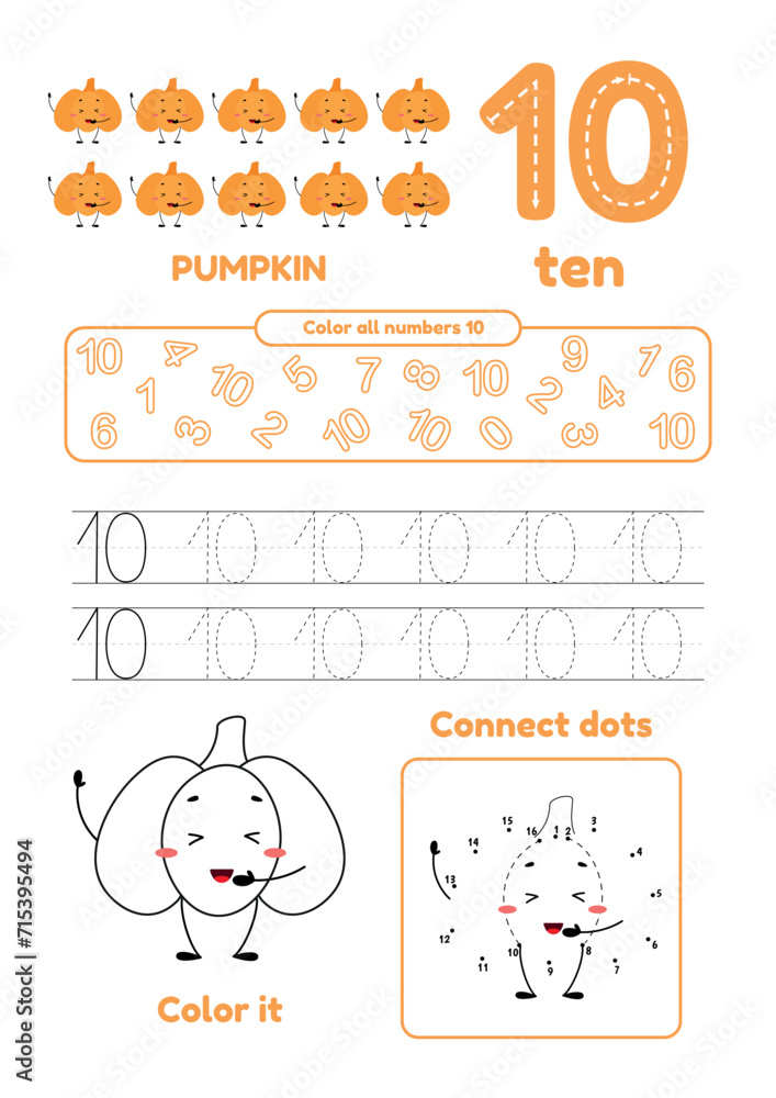 Obraz premium Leisure games for preschool kids on one page. Dot to dot, trace, color and learn number ten