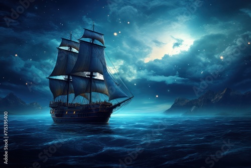  a sailing ship in the middle of a body of water at night with a full moon in the sky above it.