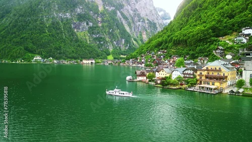 Drone Austria. Hallstatt village, famous landmark in Austrian Alps. popular tourist sightseeing destination. 