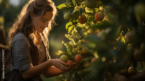 A vintage style photo of cute farmer lady with brown hair quality check and inspect ripe apples, plucking apples from an apple tree with smiley face in a sunny day