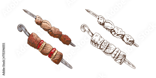 Organic food. Hand-drawn colored and monochrome retro style vector sketch set of kebab, shashlik, grilled on a skewer, food meat. Vintage illustration. Engraved image.