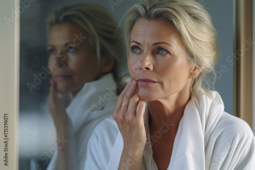 Middle-aged woman Look in the mirror to do your daily beauty routine to nourish your skin.