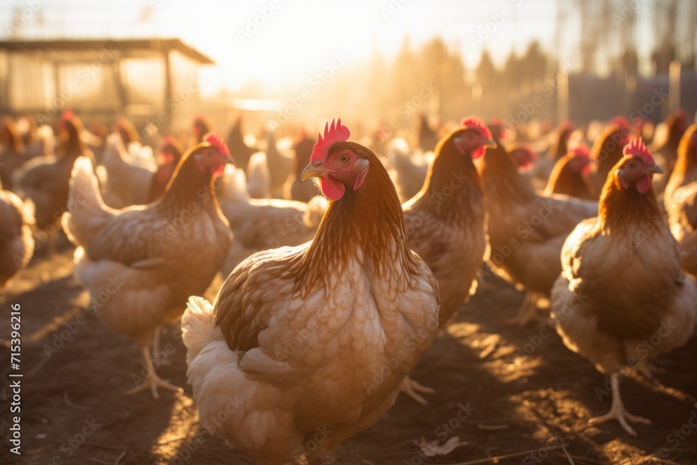 Fototapeta premium Several chickens are looking for food on a rural farm.