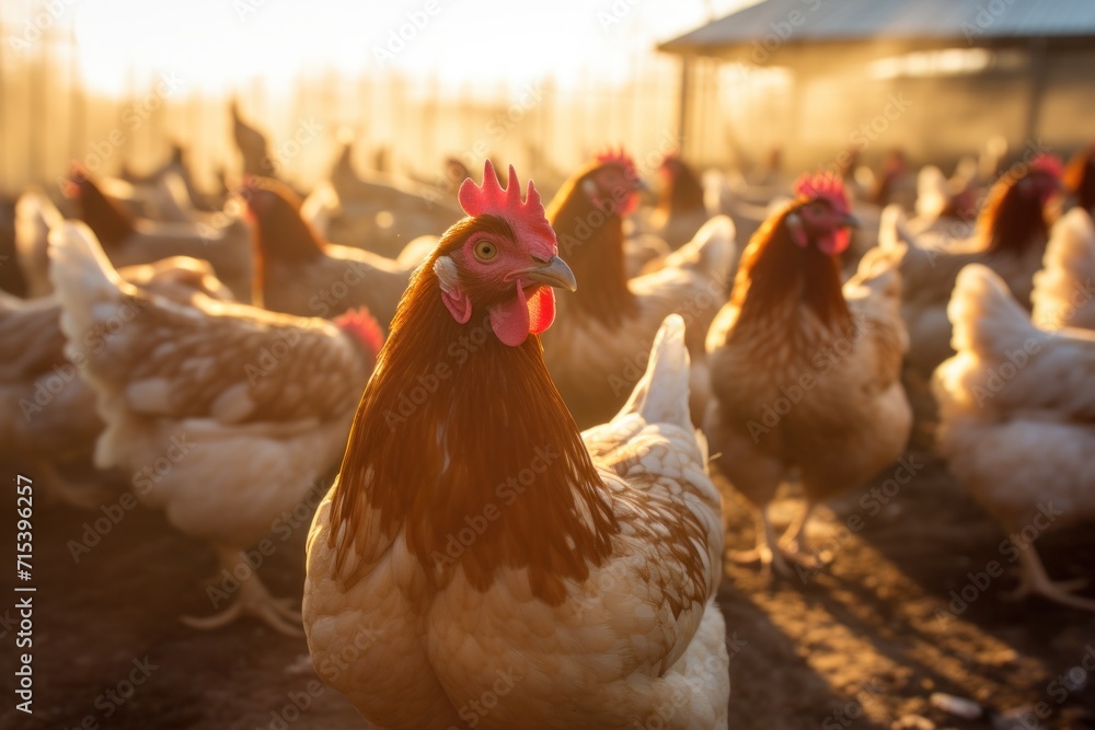 Fototapeta premium Several chickens are looking for food on a rural farm.