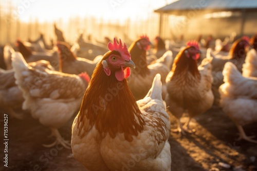 Several chickens are looking for food on a rural farm.