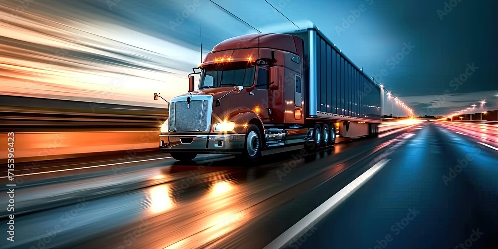 Semi heavy truck powering through transportation of cargo on road freight cruising down highway amidst traffic vehicle dedicated to shipping car moving in unison capturing motion and speed business