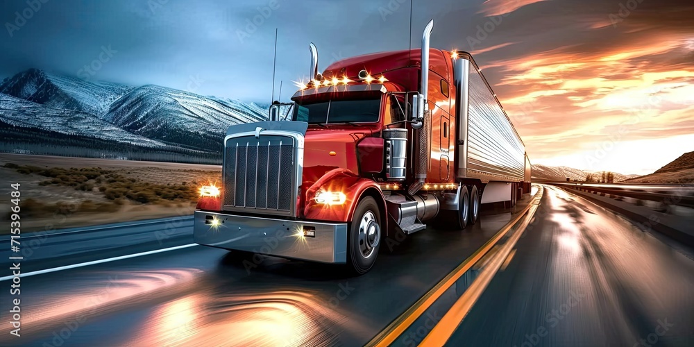 Semi heavy truck powering through transportation of cargo on road freight cruising down highway amidst traffic vehicle dedicated to shipping car moving in unison capturing motion and speed business