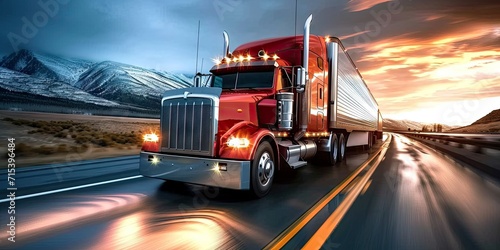 Semi heavy truck powering through transportation of cargo on road freight cruising down highway amidst traffic vehicle dedicated to shipping car moving in unison capturing motion and speed business photo