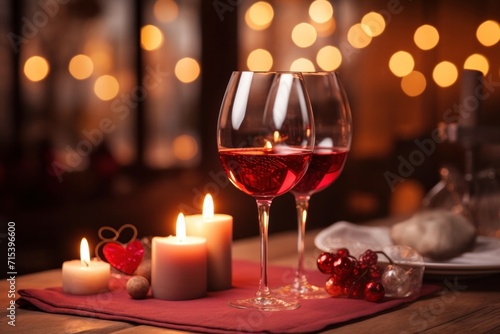 Celebrate Valentine s Day dining at home  in a restaurant  on a date with candles. Red wine in a glass sitting at a romantic table