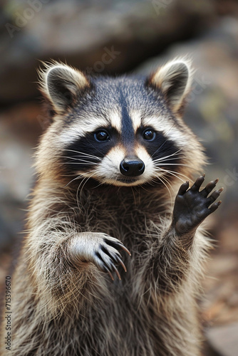 close up of a cute happy raccoon