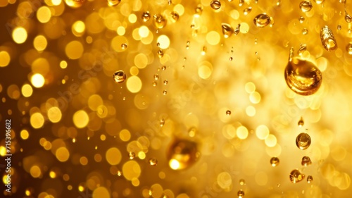 Gold drops on a dark background. Fragments of golden liquid with shiny reflections