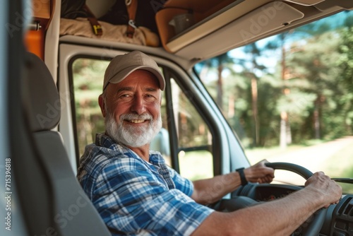 An old man drives an RV on vacation. Smiling adult traveler sitting in camping trailer enjoying camping trip.