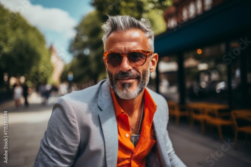 Portrait of a handsome senior man with gray hair wearing orange jacket and sunglasses.