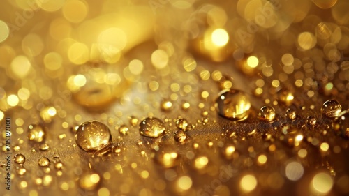 Gold drops on a dark background. Fragments of golden liquid with shiny reflections