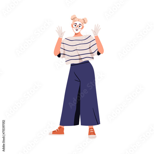 French mime, silent comic actress performing pantomime. Happy female artist a...