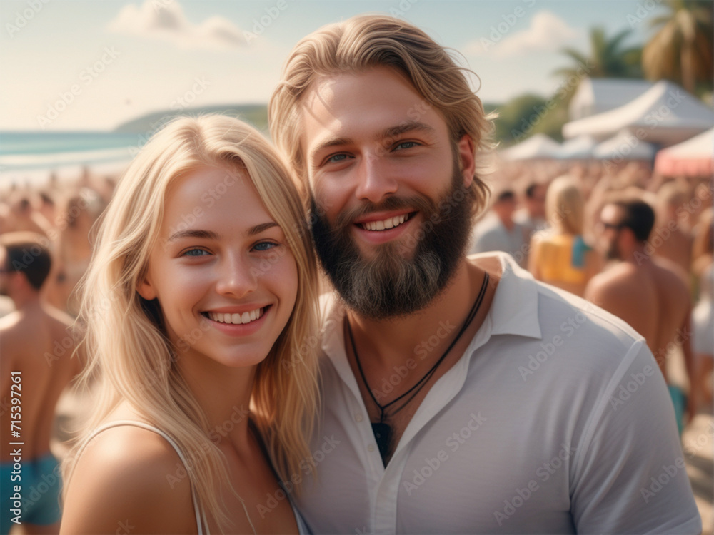Portrait of a happy young couple on the beach at summer day