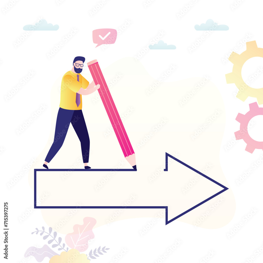 Smart businessman uses pencil and draws path to success. Ambitious businessman walk on giant arrow. Choosing right direction of development, making decision. Smart businessman uses pencil and draws path to success. Ambitious businessman walk on giant arrow. Choosing right direction of development, making decision.