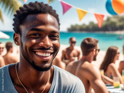 smiling african american man looking at camera on beach with friends