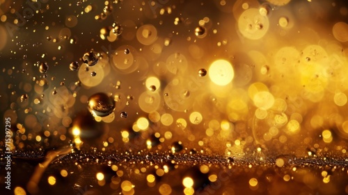 Gold drops on a dark background. Fragments of golden liquid with shiny reflections