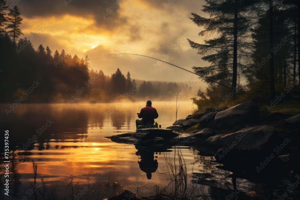  a man sitting on a rock fishing on a lake at sunset with a fishing rod in the foreground and trees in the background.