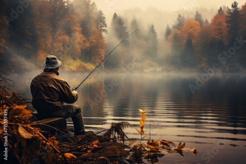  a man sitting on a rock fishing on a lake with trees in the background and fog in the foreground.