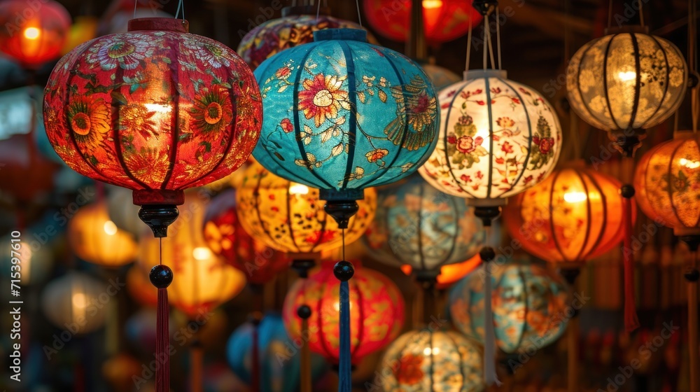 Detail of Handcrafted Silk Lanterns for Retail. Generative Ai.