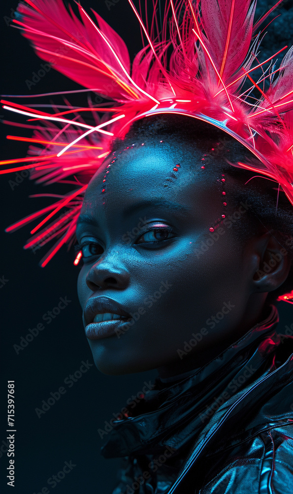 Portrait of Female Afro futurism fashion style. black background with copy space