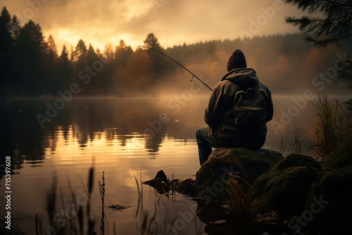  a man sitting on a rock with a fishing rod in his hand and a foggy lake in the background.