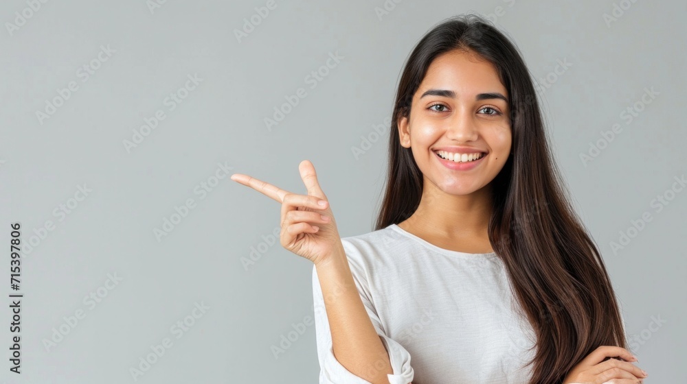 Young Indian woman pointing at gray background with blank space on her hand Happy female student looking at camera advertising product service concept sign Young Indian woman pointing at gray background with blank space on her hand Happy female student looking at camera advertising product service concept sign